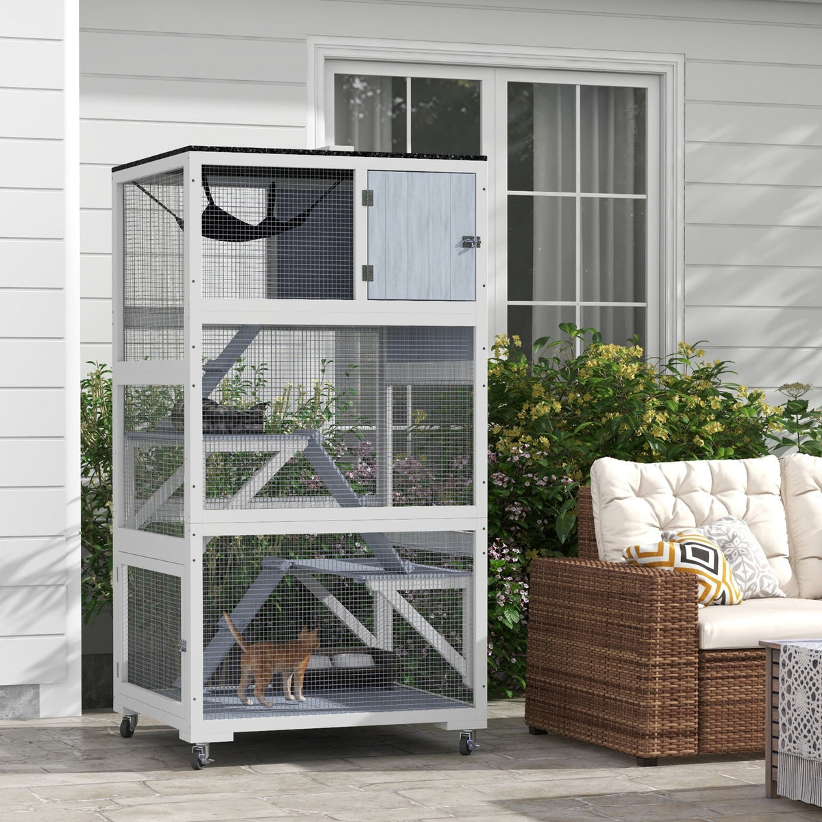 HKM-2641981 Gray Outdoor Cat Enclosure on Wheels with Hammock and Ramps for Cats up to 12 lbs