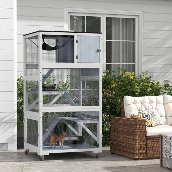 HKM-2641981 Gray Outdoor Cat Enclosure on Wheels with Hammock and Ramps for Cats up to 12 lbs