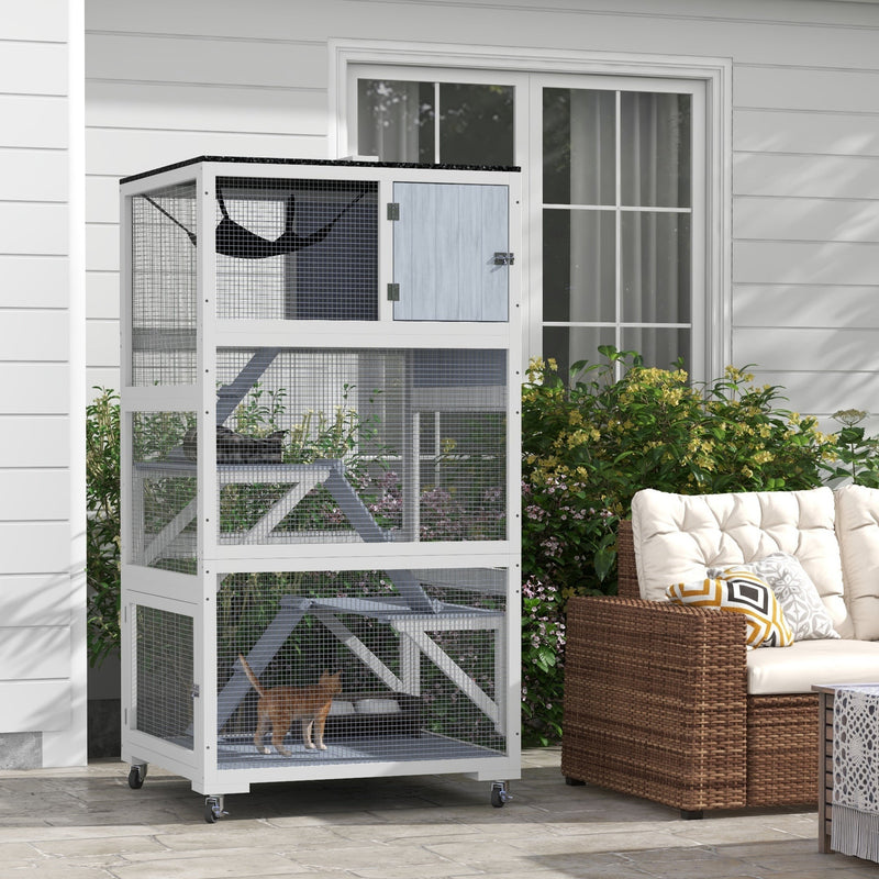 HKM-2641981 Gray Outdoor Cat Enclosure on Wheels with Hammock and Ramps for Cats up to 12 lbs
