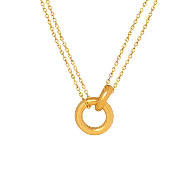HKM-264787 Dainty 18k Gold Round Necklace Simple Double Circle Pendant Pure Gold Clasp Necklace Female
