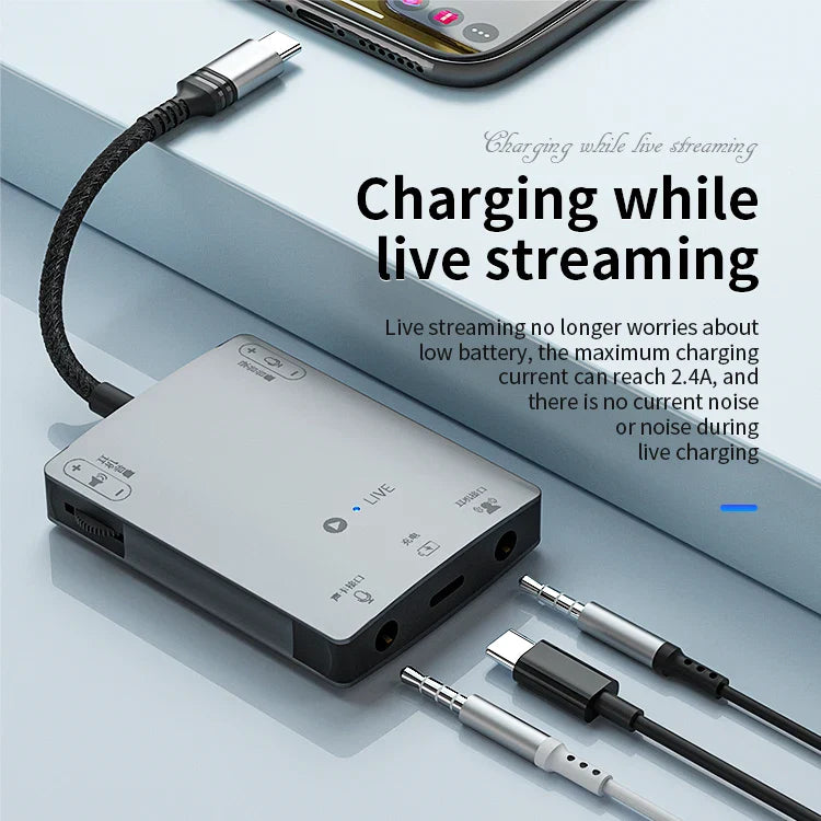 HKM-265299 3-in-1 Stereo Live Sound Card Converter for iPhone 15 - 3.5mm Audio Adapter with Charging and Headphone Mic Support