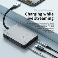 HKM-265299 3-in-1 Stereo Live Sound Card Converter for iPhone 15 - 3.5mm Audio Adapter with Charging and Headphone Mic Support