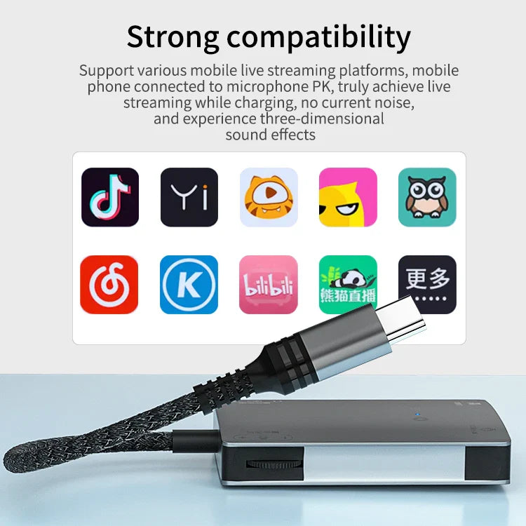 HKM-265299 3-in-1 Stereo Live Sound Card Converter for iPhone 15 - 3.5mm Audio Adapter with Charging and Headphone Mic Support