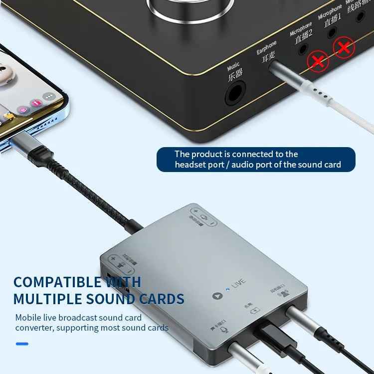 HKM-265299 3-in-1 Stereo Live Sound Card Converter for iPhone 15 - 3.5mm Audio Adapter with Charging and Headphone Mic Support
