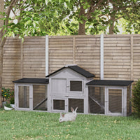 HKM-2653117 Deluxe Outdoor 2-Story Wooden Rabbit Hutch with Ladder and Run - Gray, 83" Large Cage for Small Animals