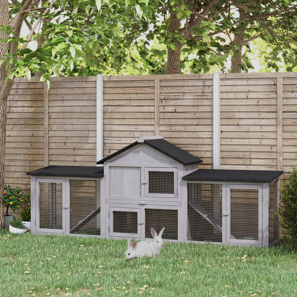 HKM-2653117 Deluxe Outdoor 2-Story Wooden Rabbit Hutch with Ladder and Run - Gray, 83" Large Cage for Small Animals