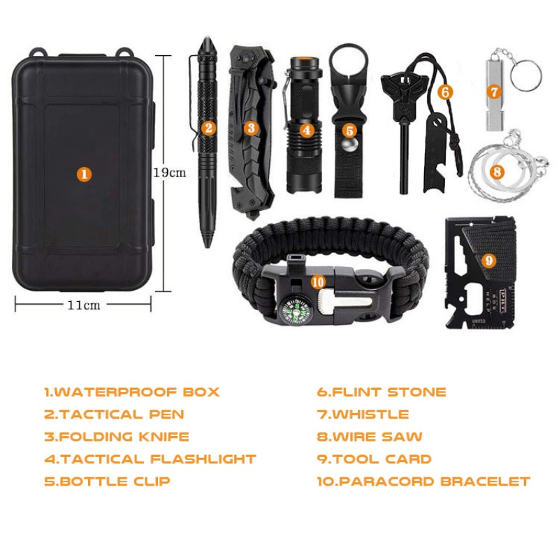 HKM-265619 10-in-1 Outdoor Survival Tool Set with First Aid Kit and Emergency Gear