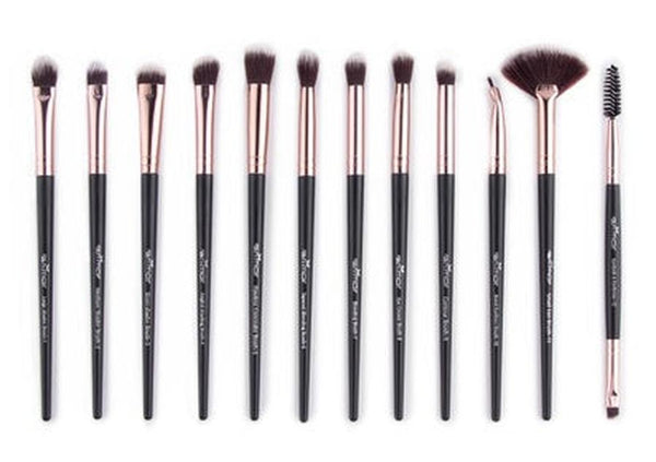 HKM-265619 12-Piece Portable Makeup Brush Set for Beginners – Eye Shadow, Nose Shadow, Highlighter, and Eyebrow Brushes in Khaki and Black