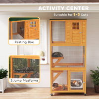 HKM-2659261 Outdoor Wooden Cat House Catio with Two Ledges and Weather Protection, 74" Tall, Orange and Green