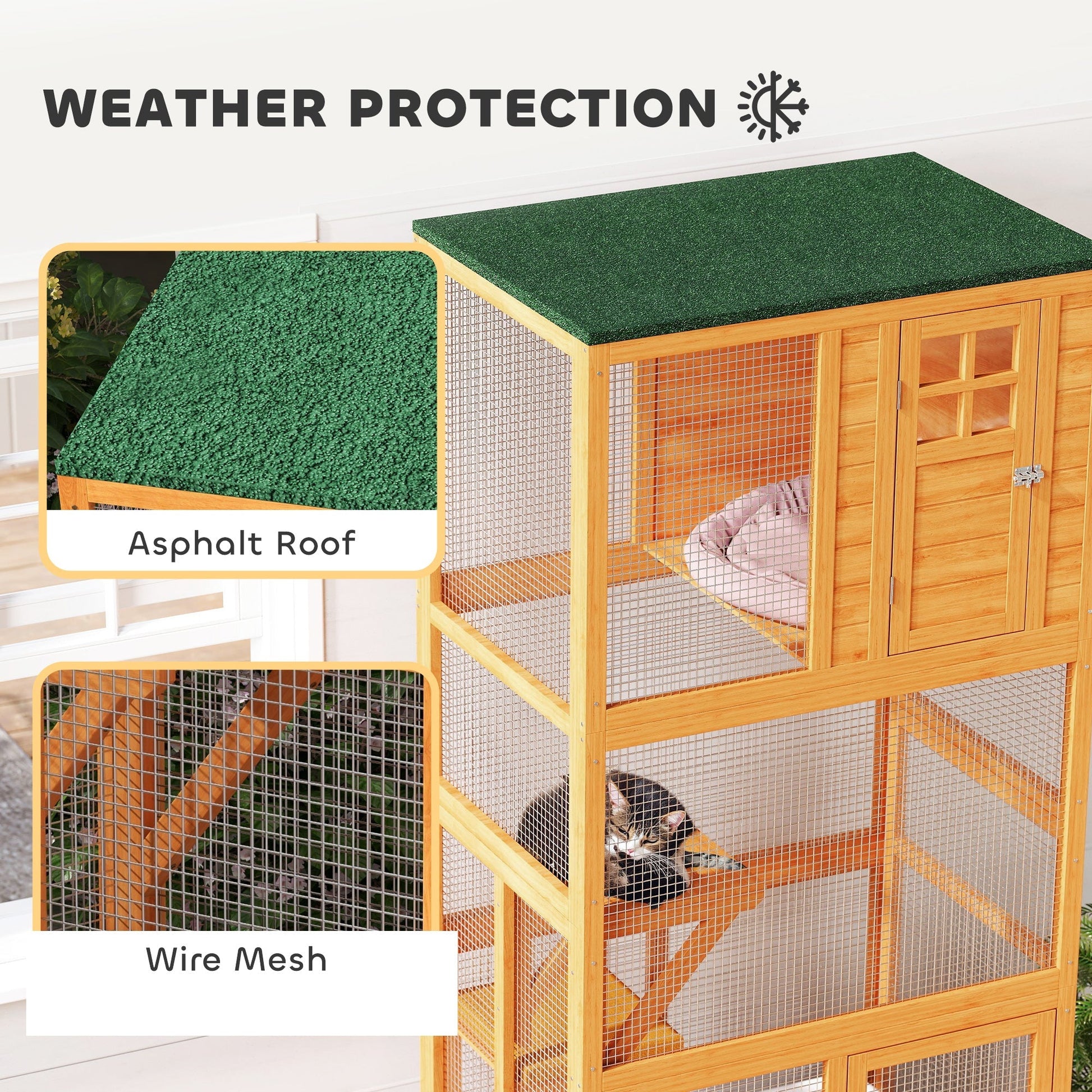 HKM-2659261 Outdoor Wooden Cat House Catio with Two Ledges and Weather Protection, 74" Tall, Orange and Green