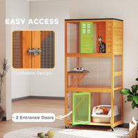 HKM-2659261 Outdoor Wooden Cat House Catio with Two Ledges and Weather Protection, 74" Tall, Orange and Green