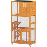 HKM-2659261 Outdoor Wooden Cat House Catio with Two Ledges and Weather Protection, 74" Tall, Orange and Green