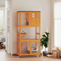 HKM-2659261 Outdoor Wooden Cat House Catio with Two Ledges and Weather Protection, 74" Tall, Orange and Green
