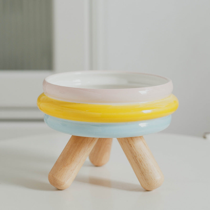 HKM-2670909 Ceramic Cat Food and Water Bowl with Wooden Frame