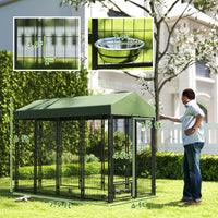 HKM-2674365 Spacious Outdoor Dog Kennel with Rotating Bowl Holders and Waterproof Cover, 8' x 4' x 6', Green