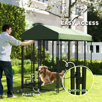HKM-2674365 Spacious Outdoor Dog Kennel with Rotating Bowl Holders and Waterproof Cover, 8' x 4' x 6', Green
