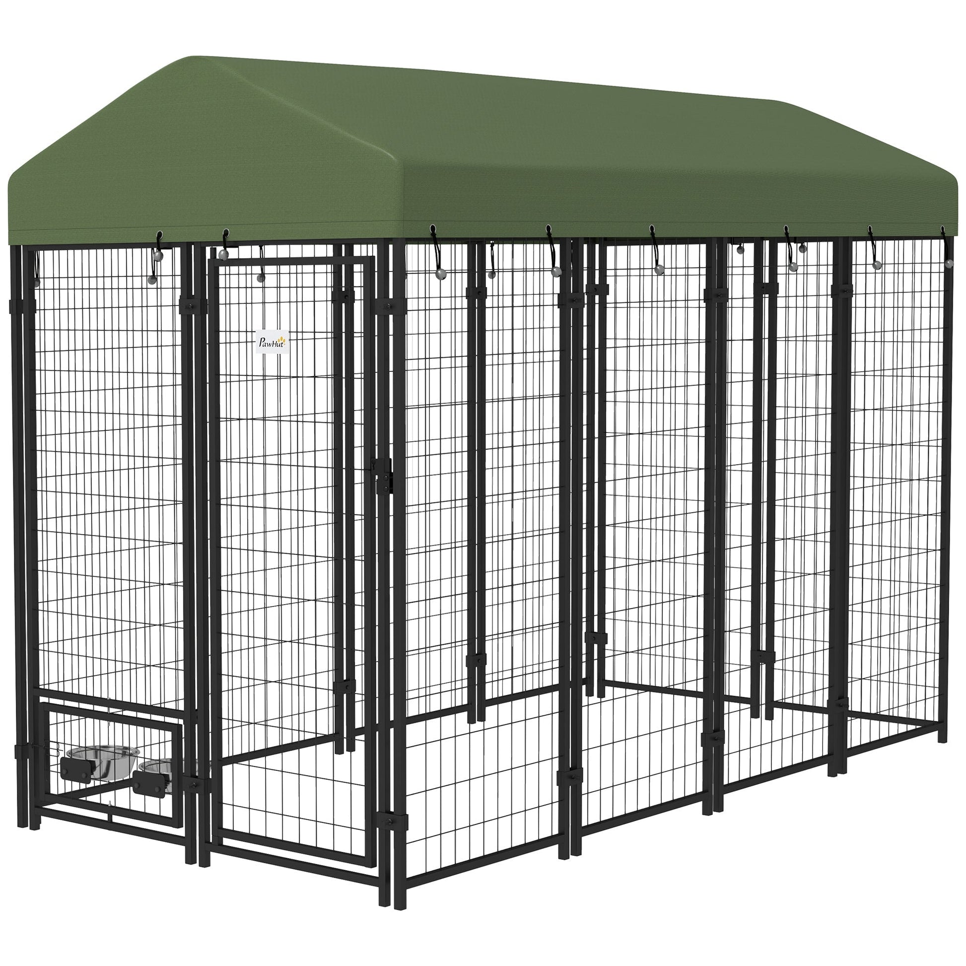 HKM-2674365 Spacious Outdoor Dog Kennel with Rotating Bowl Holders and Waterproof Cover, 8' x 4' x 6', Green