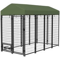 HKM-2674365 Spacious Outdoor Dog Kennel with Rotating Bowl Holders and Waterproof Cover, 8' x 4' x 6', Green