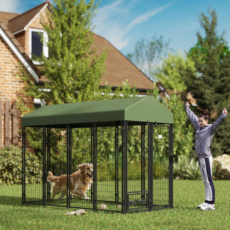 HKM-2674365 Spacious Outdoor Dog Kennel with Rotating Bowl Holders and Waterproof Cover, 8' x 4' x 6', Green