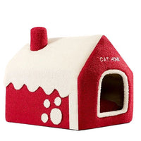 HKM-2674749 Cozy Red Enclosed Pet Bed Villa with Chimney for Cats - Winter Warmth