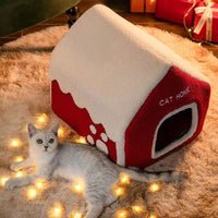 HKM-2674749 Cozy Red Enclosed Pet Bed Villa with Chimney for Cats - Winter Warmth