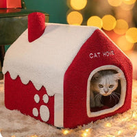 HKM-2674749 Cozy Red Enclosed Pet Bed Villa with Chimney for Cats - Winter Warmth