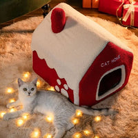 HKM-2674749 Cozy Red Enclosed Pet Bed Villa with Chimney for Cats - Winter Warmth