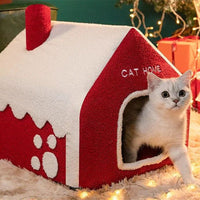 HKM-2674749 Cozy Red Enclosed Pet Bed Villa with Chimney for Cats - Winter Warmth