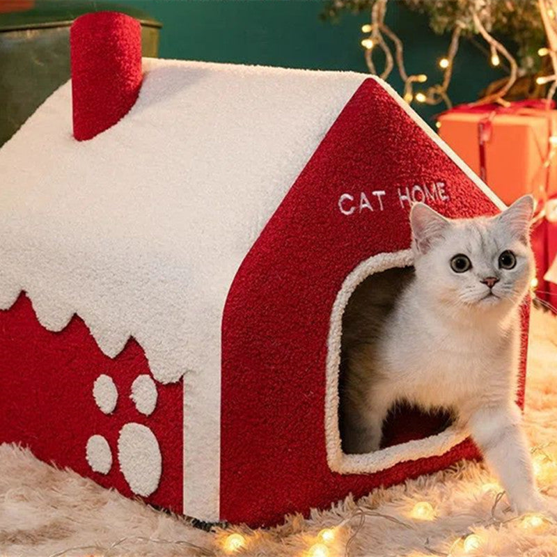 HKM-2674749 Cozy Red Enclosed Pet Bed Villa with Chimney for Cats - Winter Warmth