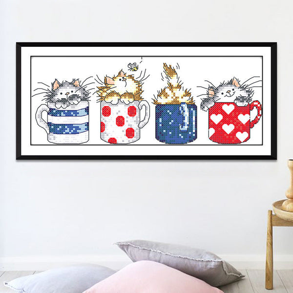 HKM-267539 Kitten in Cup Cartoon Cross Stitch Kit - Eco and Egyptian Cotton Embroidery Options Available