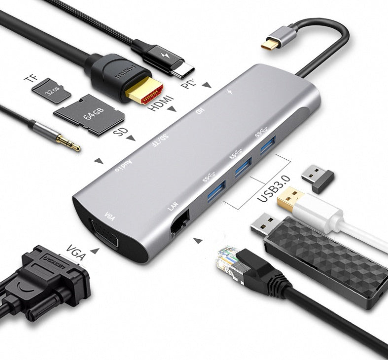 HKM-267603 4K USB-C Docking Station with HDMI and VGA Ports, Aluminum Alloy Shell, PD3.0 Fast Charge, 140mm Cable Length
