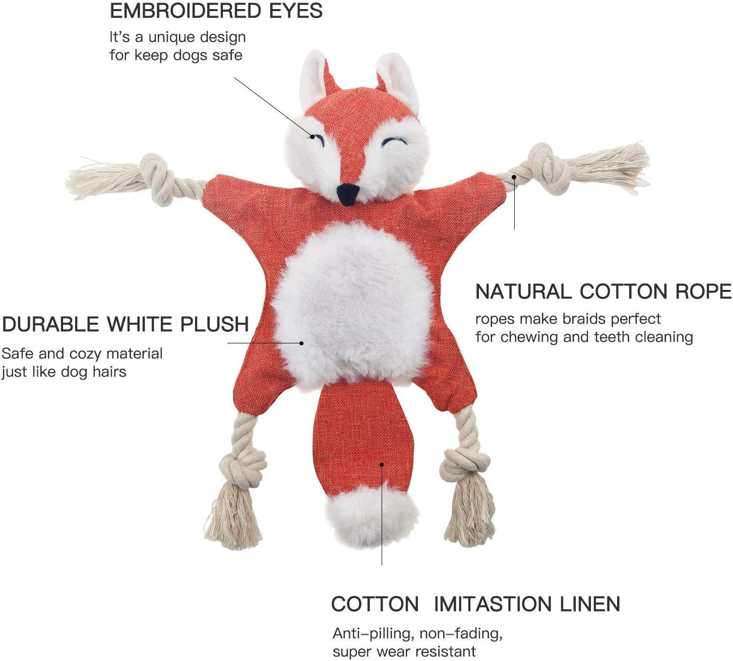 HKM-2677949 Stuffed Fox Dog Toy with Squeaker and Crinkle Noise for Engaging Play, Durable Plush Chew Toy with Rope for Puppies and Small Dogs