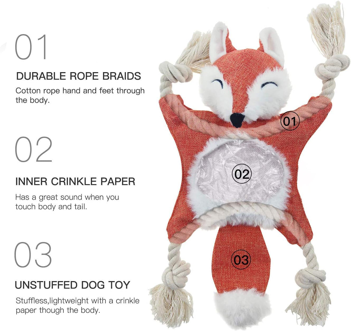 HKM-2677949 Stuffed Fox Dog Toy with Squeaker and Crinkle Noise for Engaging Play, Durable Plush Chew Toy with Rope for Puppies and Small Dogs