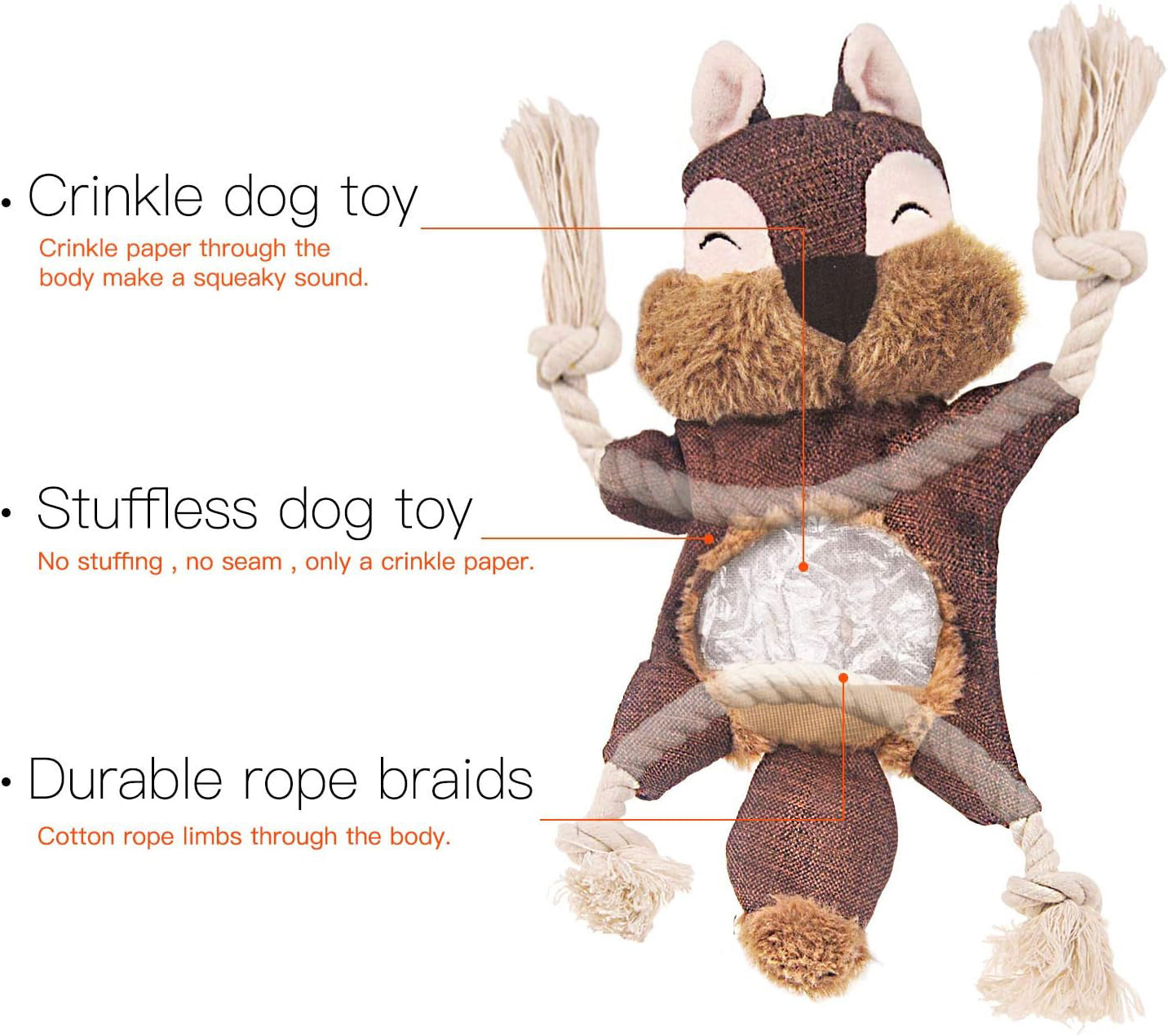 HKM-2677949 Stuffed Fox Dog Toy with Squeaker and Crinkle Noise for Engaging Play, Durable Plush Chew Toy with Rope for Puppies and Small Dogs
