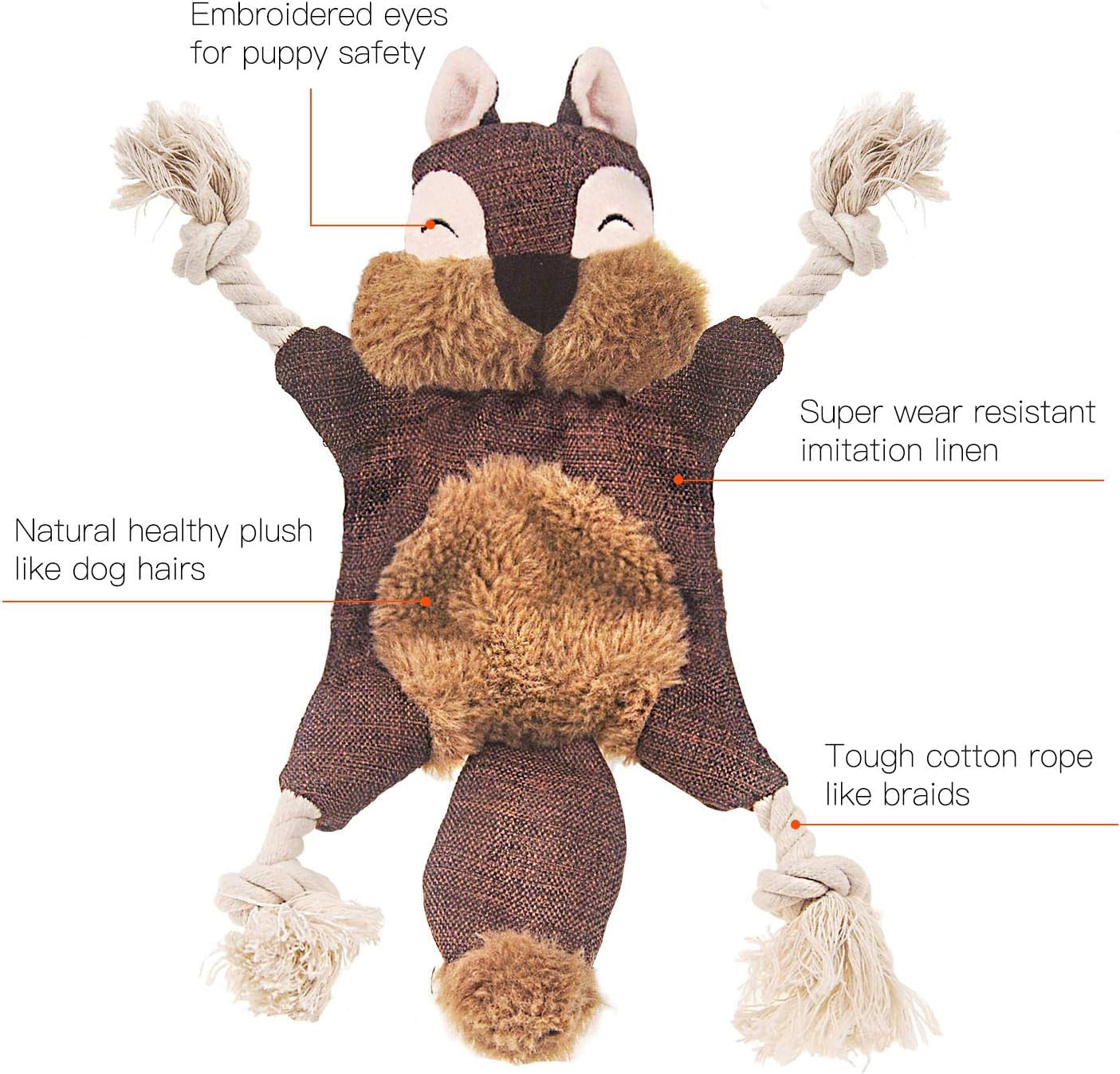 HKM-2677949 Stuffed Fox Dog Toy with Squeaker and Crinkle Noise for Engaging Play, Durable Plush Chew Toy with Rope for Puppies and Small Dogs
