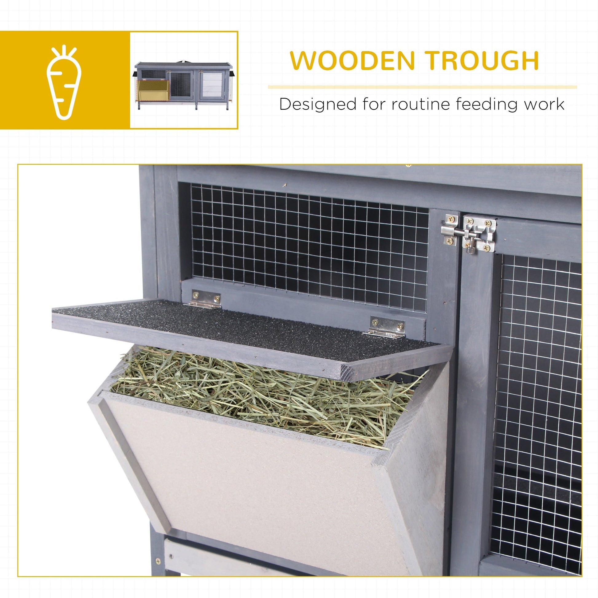 HKM-2680125 Wooden Rabbit Hutch with Waterproof Roof, Leak-proof Tray and Feeding Trough for Indoor/Outdoor Use, Gray