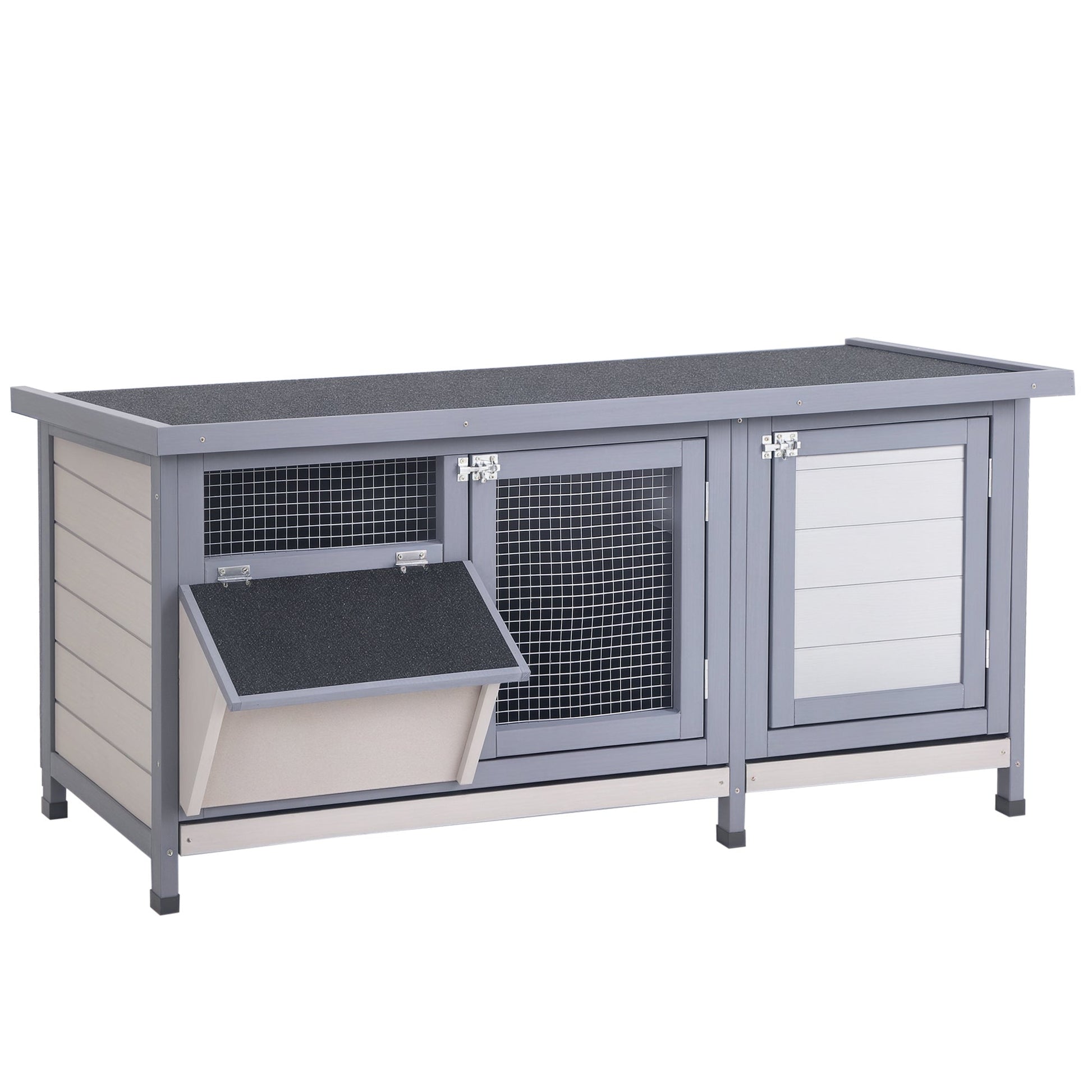 HKM-2680125 Wooden Rabbit Hutch with Waterproof Roof, Leak-proof Tray and Feeding Trough for Indoor/Outdoor Use, Gray