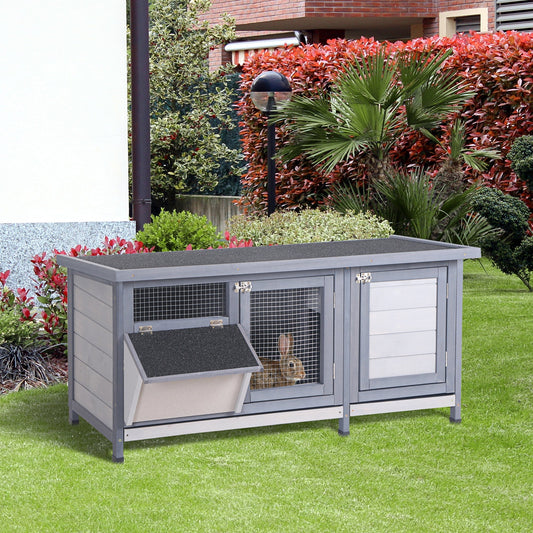 HKM-2680125 Wooden Rabbit Hutch with Waterproof Roof, Leak-proof Tray and Feeding Trough for Indoor/Outdoor Use, Gray