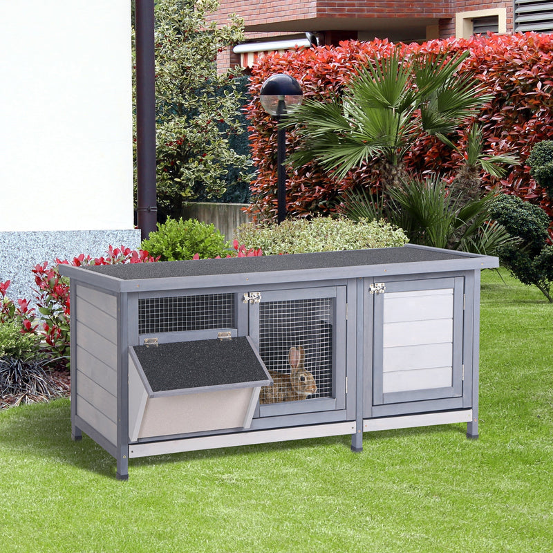 HKM-2680125 Wooden Rabbit Hutch with Waterproof Roof, Leak-proof Tray and Feeding Trough for Indoor/Outdoor Use, Gray