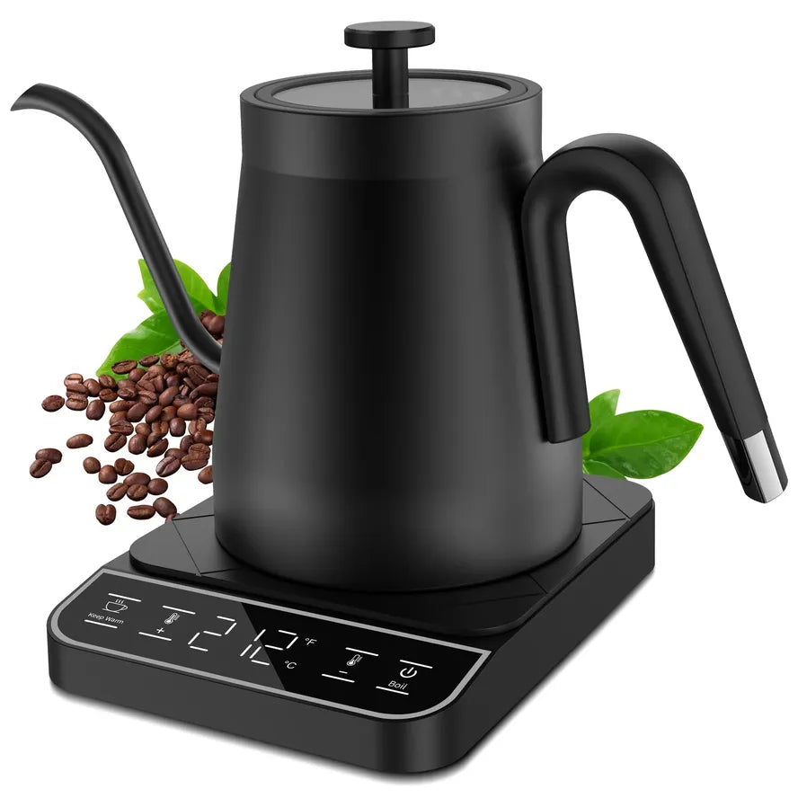 HKM-7268307 matte black gooseneck kettle on its digital base, three-quarter view