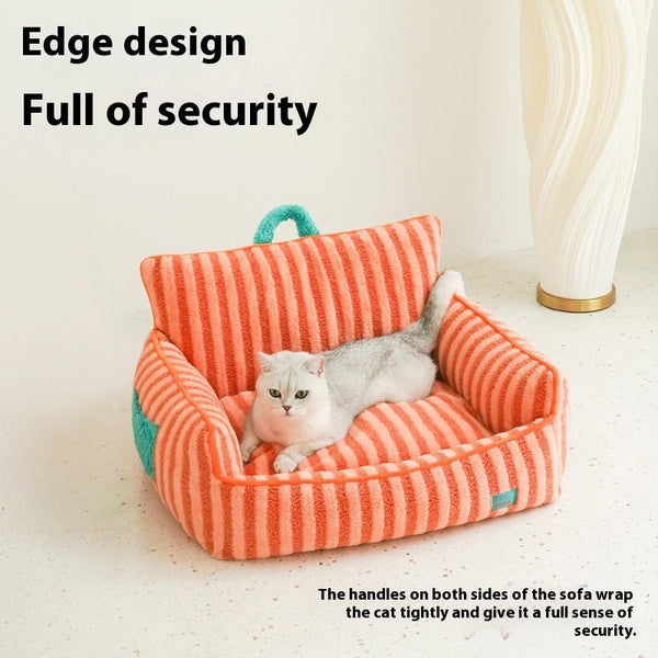 HKM-2683709 Striped Velvet Cat Bed Sofa - Removable and Washable, All-Season Comfort