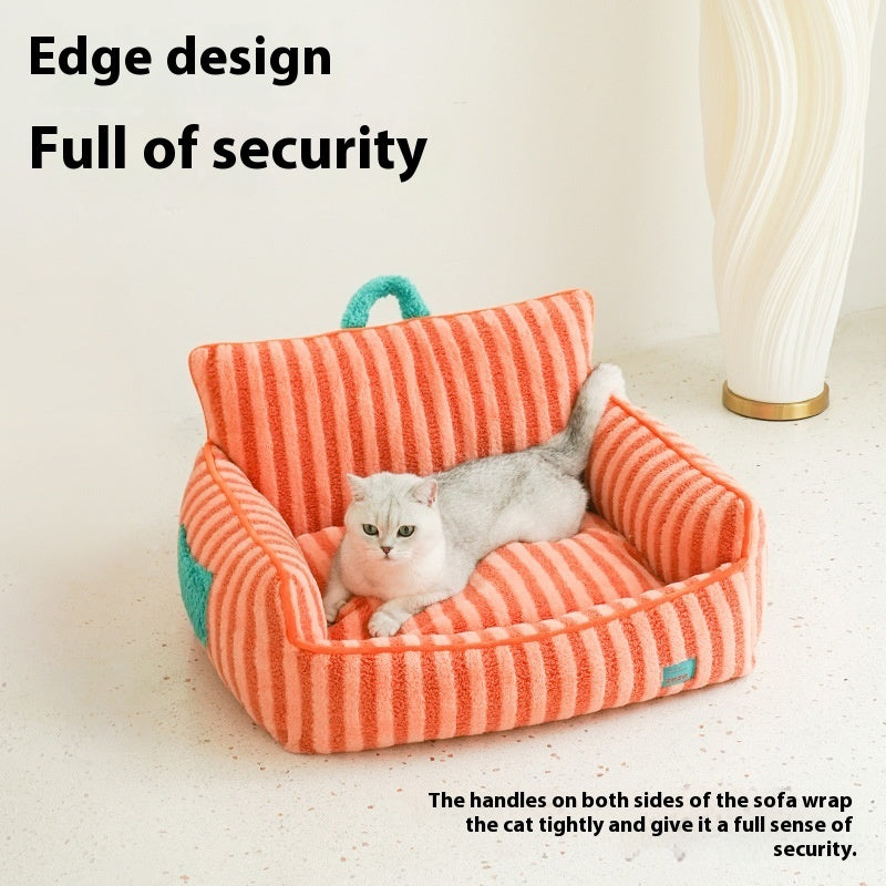 HKM-2683709 Striped Velvet Cat Bed Sofa - Removable and Washable, All-Season Comfort