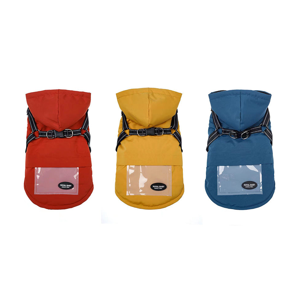 HKM-2684605 Dog Raincoat with Hat and Suspenders - Anti-Rain Apparel for Pets in Brick Red, Turmeric, Fog Blue