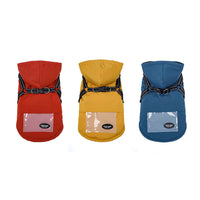 HKM-2684605 Dog Raincoat with Hat and Suspenders - Anti-Rain Apparel for Pets in Brick Red, Turmeric, Fog Blue