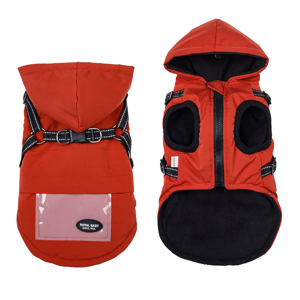 HKM-2684605 Dog Raincoat with Hat and Suspenders - Anti-Rain Apparel for Pets in Brick Red, Turmeric, Fog Blue