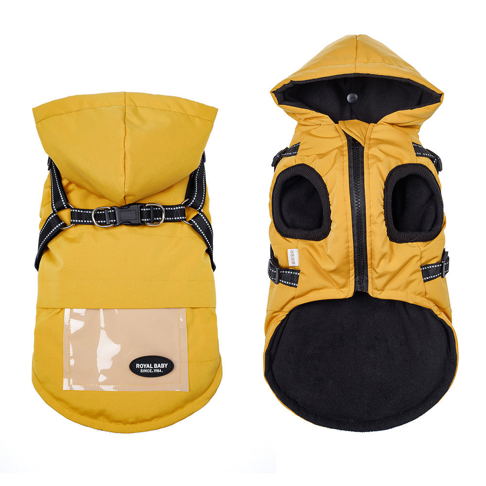 HKM-2684605 Dog Raincoat with Hat and Suspenders - Anti-Rain Apparel for Pets in Brick Red, Turmeric, Fog Blue