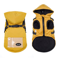HKM-2684605 Dog Raincoat with Hat and Suspenders - Anti-Rain Apparel for Pets in Brick Red, Turmeric, Fog Blue