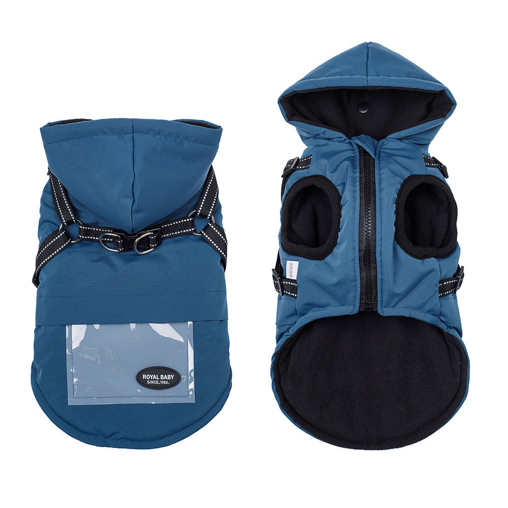 HKM-2684605 Dog Raincoat with Hat and Suspenders - Anti-Rain Apparel for Pets in Brick Red, Turmeric, Fog Blue