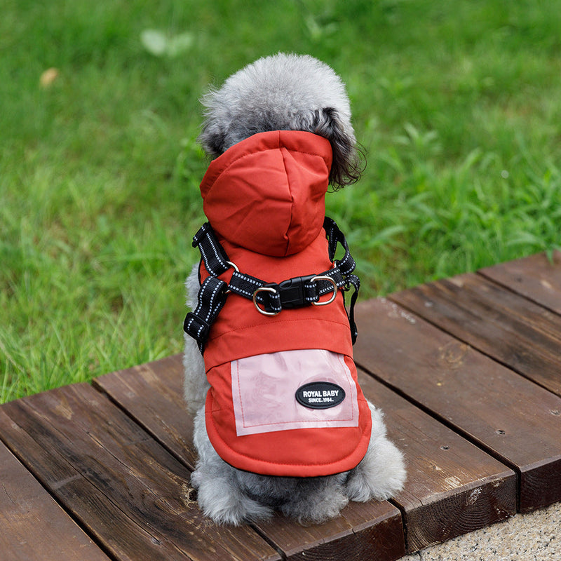 HKM-2684605 Dog Raincoat with Hat and Suspenders - Anti-Rain Apparel for Pets in Brick Red, Turmeric, Fog Blue