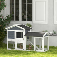 HKM-2685885 58" Gray Wooden Rabbit Hutch with Removable Tray and Lockable Doors, Asphalt Roof and Ramp